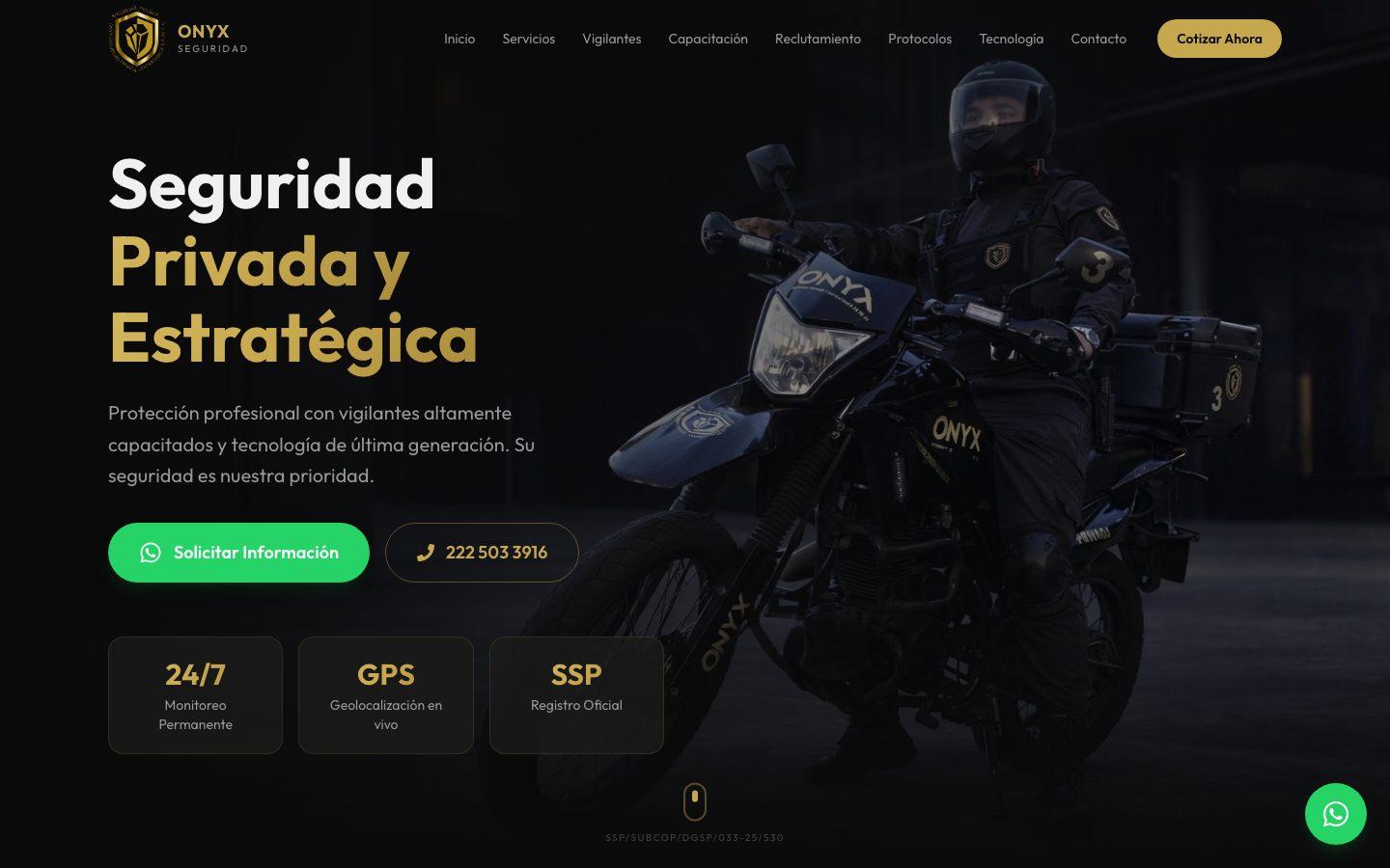 Vista de Onyx Seguridad: Sitio para empresa de seguridad privada